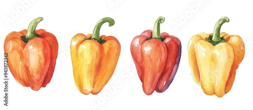 Watercolor illustration of red and orange bell peppers hand drawn on a white background