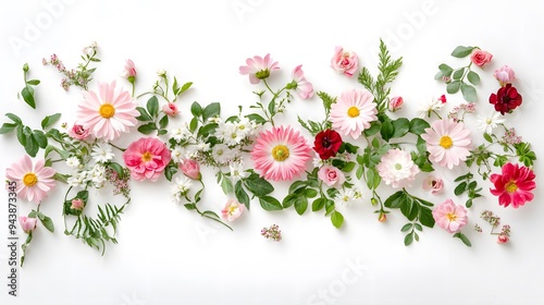 A photograph of a garland made with various flowers on a white background, a floral decoration concept. A web banner showing a horizontal arrangement of delicate, pastel-colored flowers like daisies