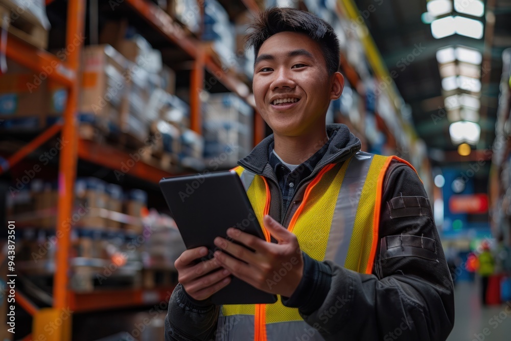 A man in a safety vest is holding a tablet in his hand A man in a safety vest is holding a tablet in his hand
