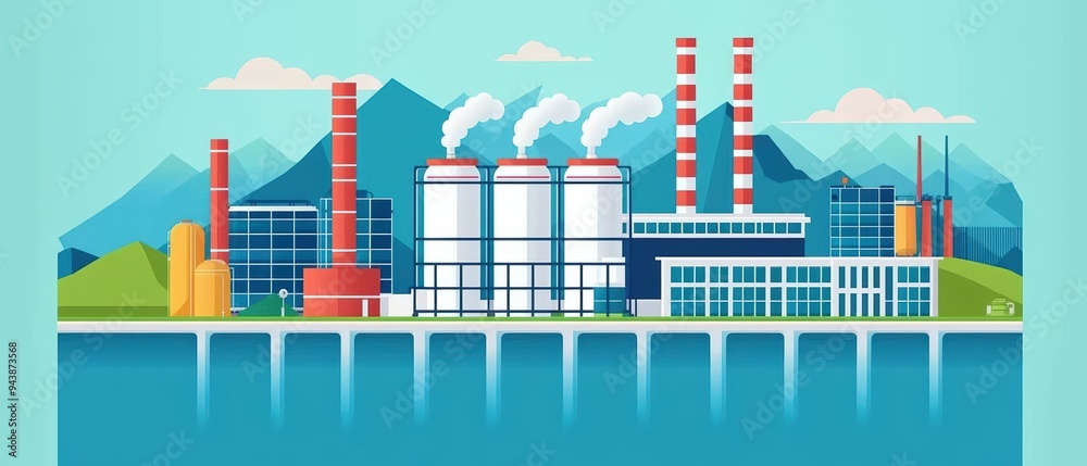 Obraz premium A modern industrial landscape featuring factories, smokestacks, and mountains, illustrating the essence of manufacturing and energy.