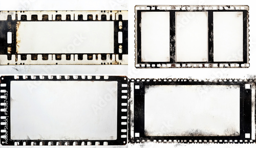 A blank white movie film strip with frames on the left side and empty space for text in the center, vintage look, black border, white background
