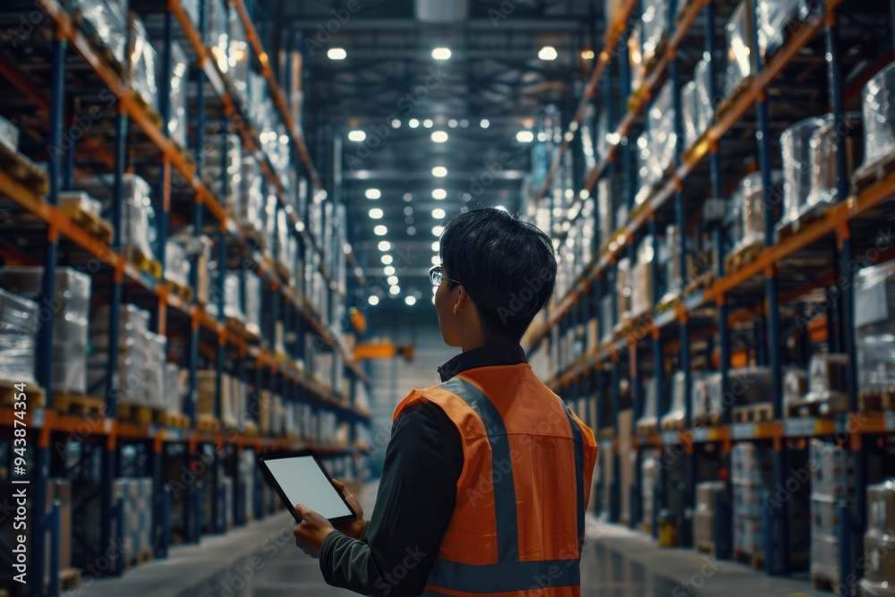 A man in a safety vest is looking at a tablet in a warehouse A man in a safety vest is looking at a tablet in a warehouse