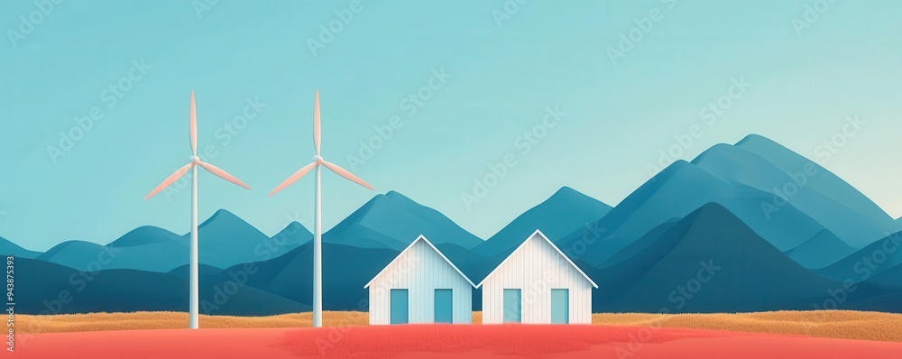 A balanced ecosystem of renewable energy sources providing electricity to a remote community, clean power, sustainable living A balanced ecosystem of renewable energy sources providing electricity to a remote community, clean power, sustainable living