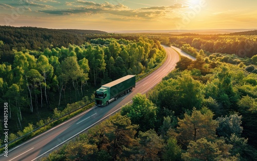 Aerial view of green truck on highway road in summer forest landscape at sunset