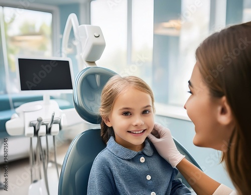 Kid at dentist office with braces with space for text, dental concept; high quality photo and copy spase