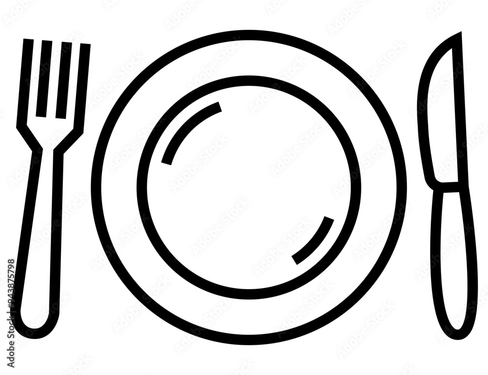 Line art fork, plate and knife with black thin line. Line art fork, plate and knife with black thin line.
