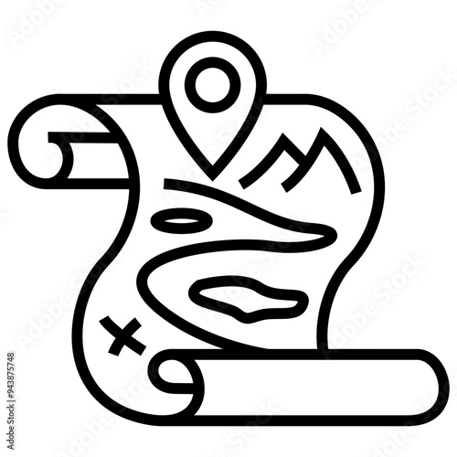 Line art map scroll icon with pointing mark. 