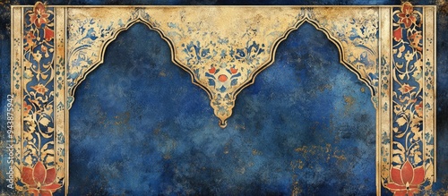 Watercolor illustration of traditional Mughal art featuring an antique gold border