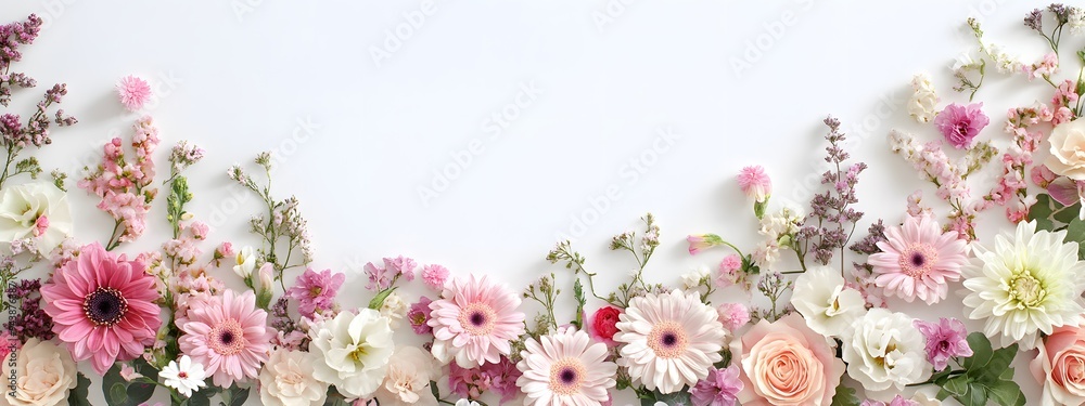 A photograph of a garland made with various flowers on a white background, a floral decoration concept. A web banner showing a horizontal arrangement of delicate, pastel-colored flowers like daisies A photograph of a garland made with various flowers on a white background, a floral decoration concept. A web banner showing a horizontal arrangement of delicate, pastel-colored flowers like daisies