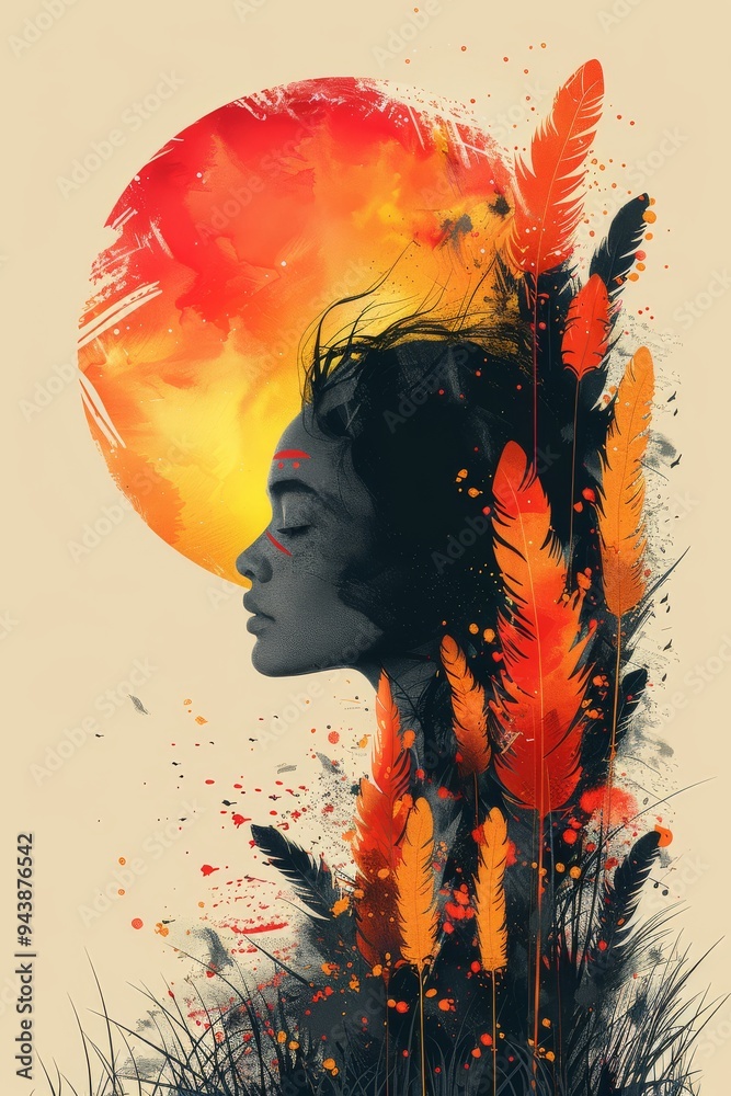 Fototapeta premium An abstract illustration of a womans profile with feathers and a setting sun