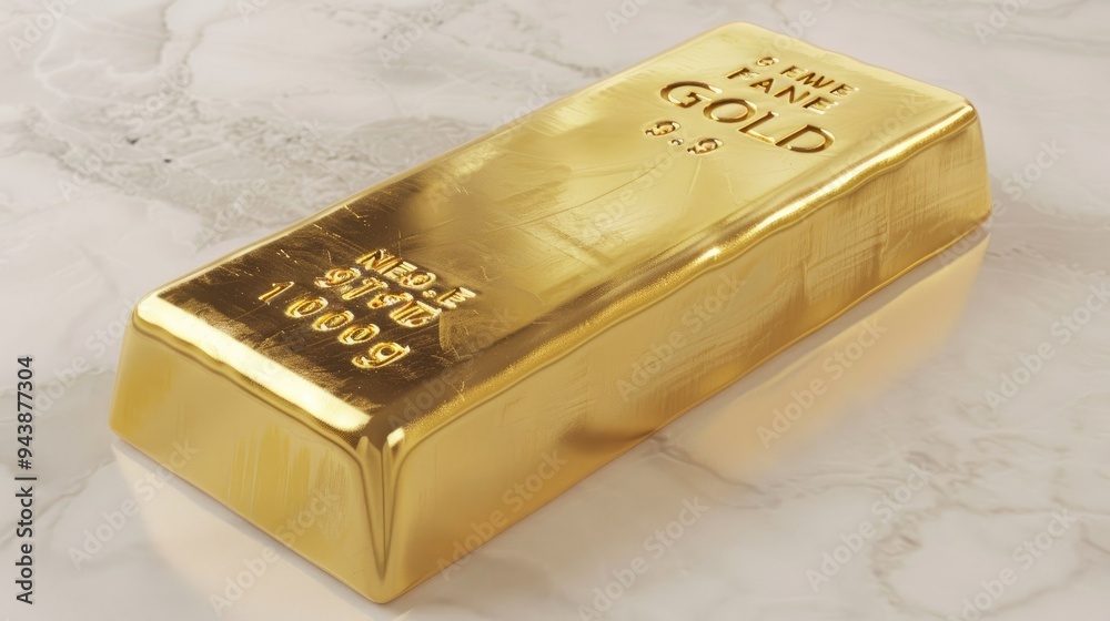 A Single Gold Bar Resting on a Marble Surface A Single Gold Bar Resting on a Marble Surface