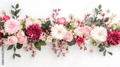 A photograph of a garland made with various flowers on a white background, a floral decoration concept. A web banner showing a horizontal arrangement of delicate, pastel-colored flowers like daisies