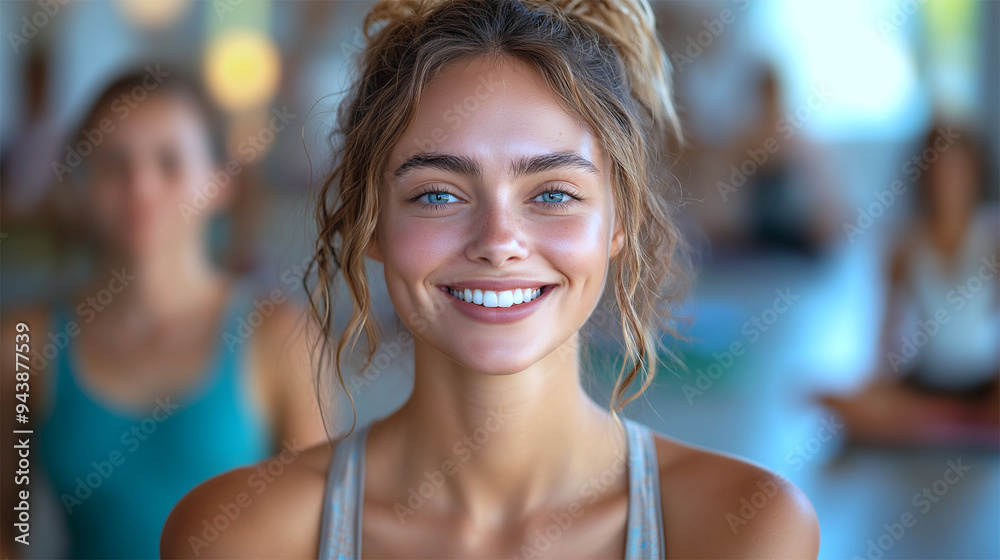 Smiling yoga instructor in serene studio, radiating happiness and positive energy
