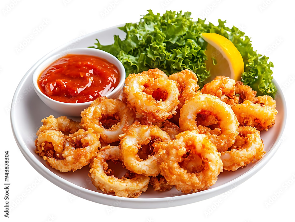 Crispy Fried Calamari Rings with Tomato Sauce and Lemon on a Transparent Background Crispy Fried Calamari Rings with Tomato Sauce and Lemon on a Transparent Background