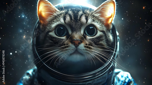 Close-up portrait of a cat wearing an astronaut helmet against a starry background. photo