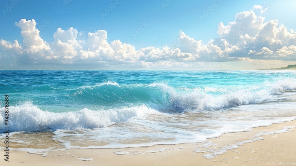 A beautiful coastal view with gentle waves, a sandy beach, and clear blue waters under a sunny sky, perfect for a peaceful day at the beach A beautiful coastal view with gentle waves, a sandy beach, and clear blue waters under a sunny sky, perfect for a peaceful day at the beach