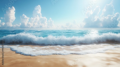 A beautiful coastline with waves crashing gently onto a sandy beach, under a perfect summer sky, inviting viewers to relax