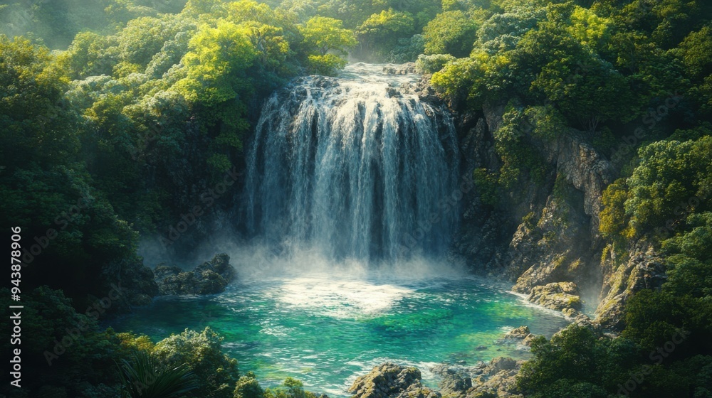 A breathtaking high-angle view of a waterfall cascading down a cliff into a deep, emerald-green pool, surrounded by dense jungle foliage A breathtaking high-angle view of a waterfall cascading down a cliff into a deep, emerald-green pool, surrounded by dense jungle foliage