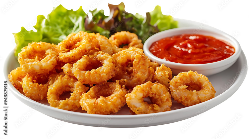 Crispy Fried Calamari Rings Served with Spicy Tomato Sauce on a White Plate with a Transparent Background Crispy Fried Calamari Rings Served with Spicy Tomato Sauce on a White Plate with a Transparent Background