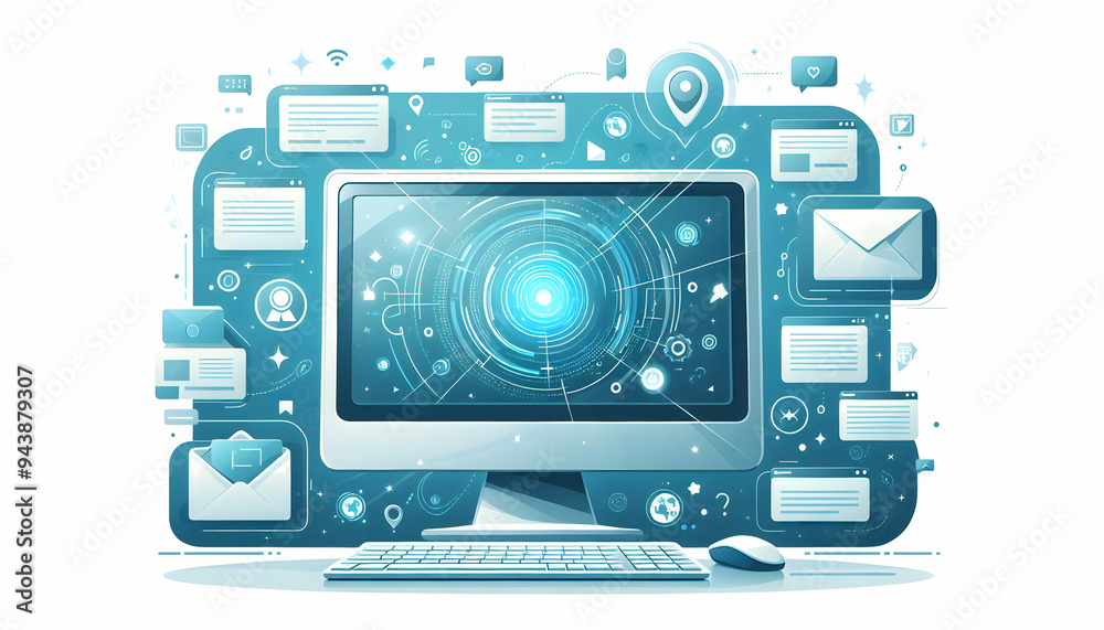 Flat Desktop monitor with holographic notifications surrounding it concept as A desktop monitor is set against a white background surrounded by floating holographic notifications. The scene is capture Flat Desktop monitor with holographic notifications surrounding it concept as A desktop monitor is set against a white background surrounded by floating holographic notifications. The scene is capture