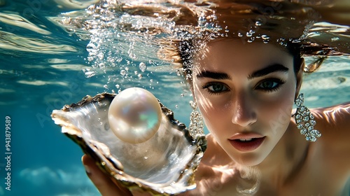 Woman Underwater Holding Oyster Pearl Jewelry Reflection Bubbles Elegance Beauty Ocean photo