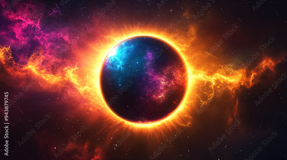 Solar eclipse with vibrant neon colors, set against a starry sky, cosmic energy beams radiating outward Solar eclipse with vibrant neon colors, set against a starry sky, cosmic energy beams radiating outward