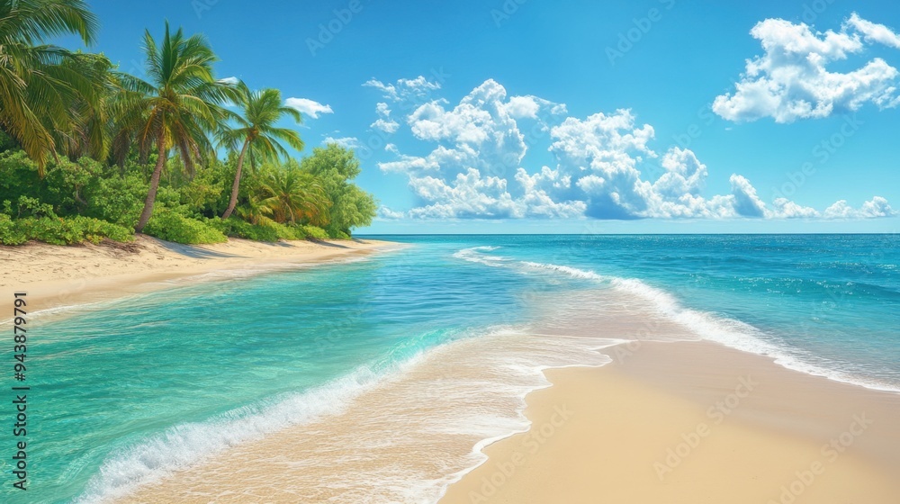 A tropical beach with calm, turquoise waters, soft white sand, and palm trees, creating the perfect beach setting A tropical beach with calm, turquoise waters, soft white sand, and palm trees, creating the perfect beach setting