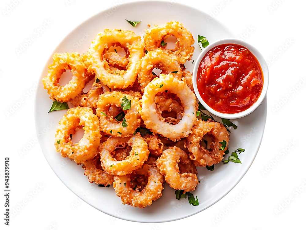Crispy Fried Calamari Rings with Marinara Sauce on a White Plate, Transparent Background Crispy Fried Calamari Rings with Marinara Sauce on a White Plate, Transparent Background