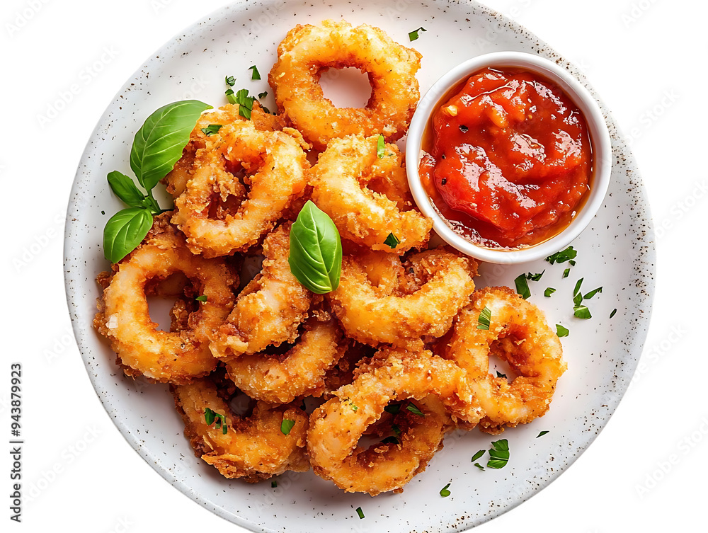 Crispy Fried Calamari Rings with Tomato Sauce and Basil on a White Plate with Transparent Background Crispy Fried Calamari Rings with Tomato Sauce and Basil on a White Plate with Transparent Background
