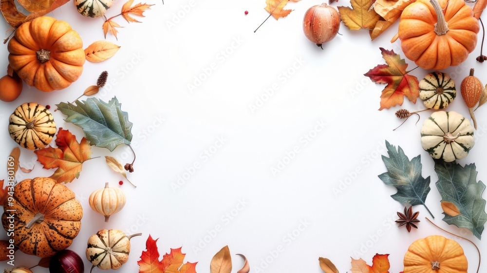 A white background with a variety of fall vegetables including pumpkins, squash A white background with a variety of fall vegetables including pumpkins, squash
