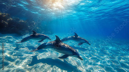 Three graceful dolphins swim in crystal clear water, basking in the sunlight