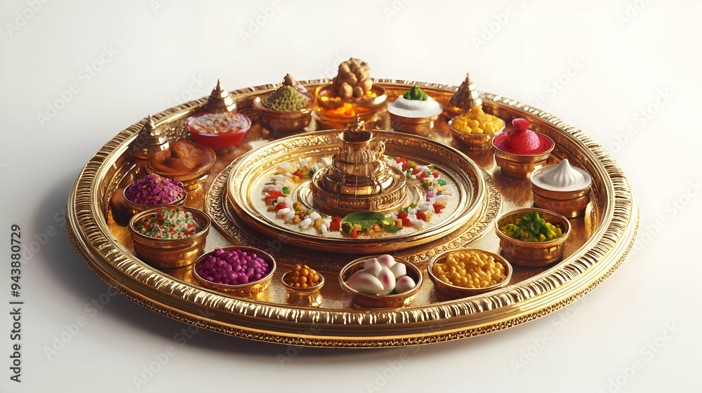 3D Icon as Thali and Happy Sharad Purnima text isolated on white background concept as Camera movement Pan across the thali with Happy Sharad Purnima text. Scene Isolated white background. Detail Deta
