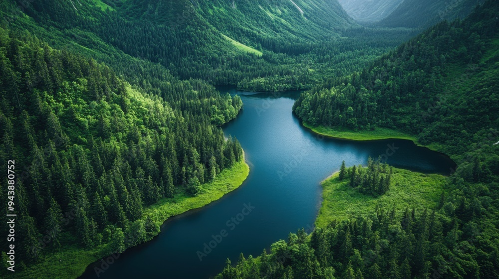 Fototapeta premium Close-up of natural ecosystems: forests, lakes, and rivers in harmony.