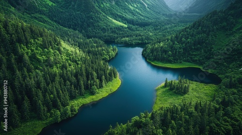 Close-up of natural ecosystems: forests, lakes, and rivers in harmony.