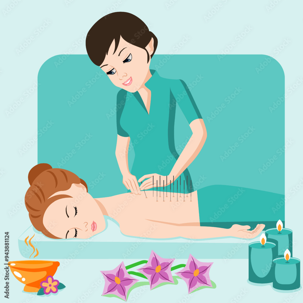 Needle AcupunctureTreatments by professional acupuncturist in spa. Chinese acupressure. Isolated flat vector illustration. European ethnicity. Needle AcupunctureTreatments by professional acupuncturist in spa. Chinese acupressure. Isolated flat vector illustration. European ethnicity.