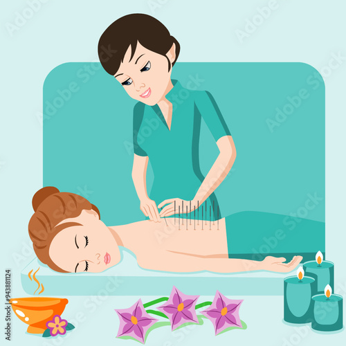 Needle AcupunctureTreatments by professional acupuncturist in spa. Chinese acupressure. Isolated flat vector illustration. European ethnicity.