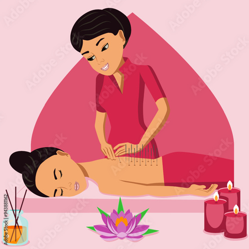 Needle AcupunctureTreatments by professional acupuncturist in spa. Chinese acupressure. Isolated flat vector illustration. Eastern ethnicity.