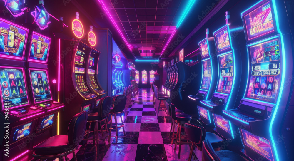 A vibrant row of slot machines in a bustling casino with neon lights A vibrant row of slot machines in a bustling casino with neon lights