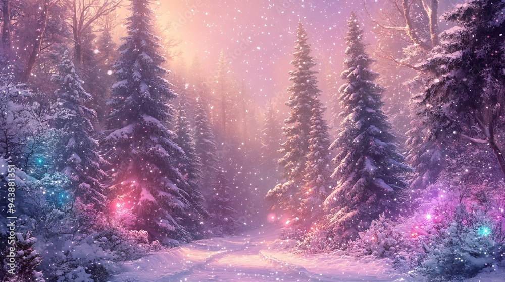 Enchanting Magical Forest with Christmas Trees and Lights Enchanting Magical Forest with Christmas Trees and Lights