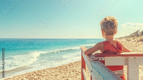 Boy as a lifeguard, watching over a beach, lifeguard tower view photo