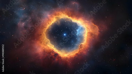 Cosmic ring nebula with a bright star in the center, surrounded by swirling gas and dust.