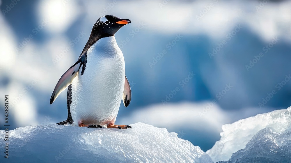 Naklejka premium Gentoo penguin standing proudly on an iceberg, surrounded by the icy waters of Antarctica, under a clear sky, capturing the serene and majestic beauty of nature.