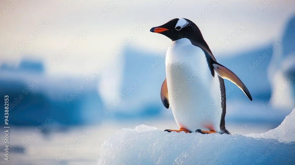 Obraz premium Gentoo penguin standing proudly on an iceberg, surrounded by the icy waters of Antarctica, under a clear sky, capturing the serene and majestic beauty of nature.