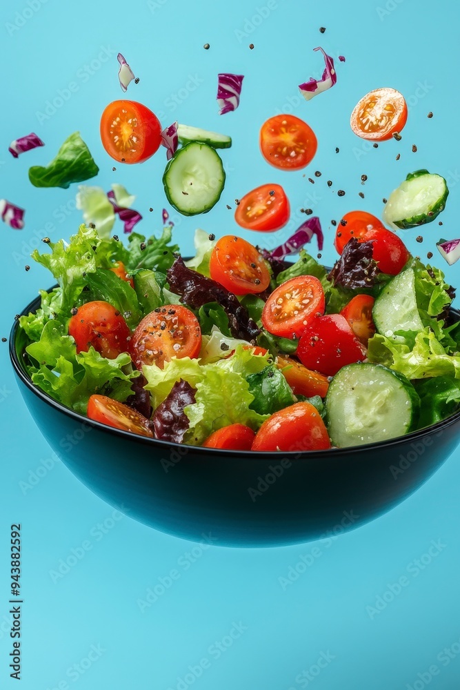 A vibrant salad with fresh vegetables floating in a bowl against a blue background. A vibrant salad with fresh vegetables floating in a bowl against a blue background.