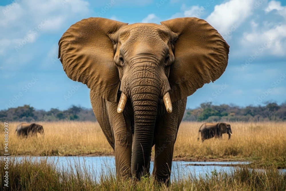 Naklejka premium Close-up of an African Elephant with Tusks Standing in a Meadow
