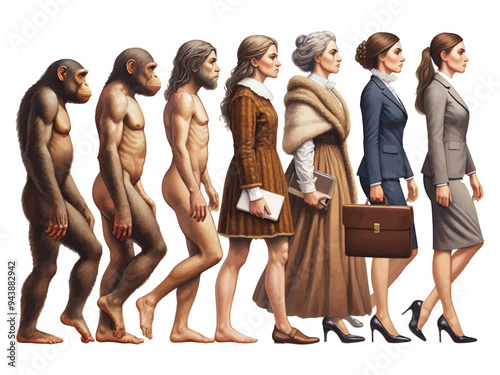 evolutionary progression of a woman from primate to modern professional, highlighting societal and cultural development fictional character vector illustration. 