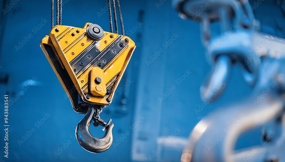 Close-up of an industrial crane hook in use, showcasing machinery and engineering details against a blue background. Close-up of an industrial crane hook in use, showcasing machinery and engineering details against a blue background.