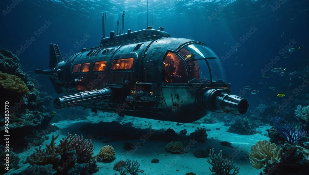 A futuristic submarine gliding silently