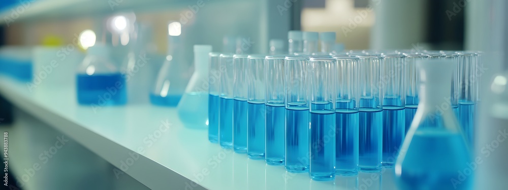 A close-up of test tubes filled with blue liquid, arranged on an industrial shelf in the laboratory. The focus is on one tube that contains a light turquoise and white gradient color liquid A close-up of test tubes filled with blue liquid, arranged on an industrial shelf in the laboratory. The focus is on one tube that contains a light turquoise and white gradient color liquid