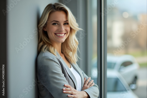 successful young business woman smiling with folded arms leaning against the window